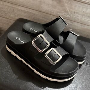 Women's Black Platform Sandals with Silver Buckles